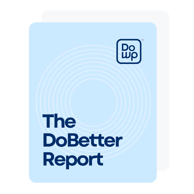 A light blue document cover titled "The DoBetter Report" in dark blue text. The top right features a circular logo with "Do wp" inside, nodding to managed WordPress hosting. Concentric circles are faintly visible in the background, enhancing its sleek design.