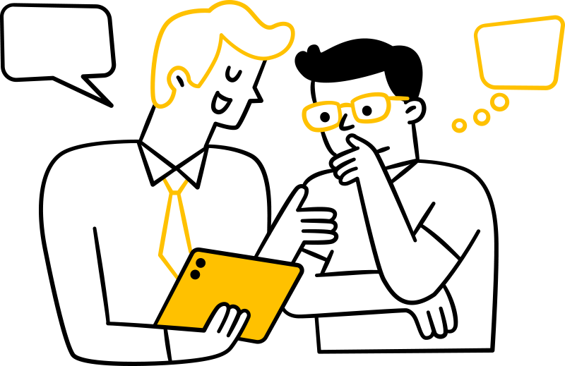 WordPress add-ons Illustration of two people. One person holds a yellow tablet discussing WordPress Maintenance, with a speech bubble above. The other, wearing yellow glasses, listens thoughtfully with a hand on their chin and a thought bubble about WordPress Hosting. Both are stylized in black and white with yellow accents.