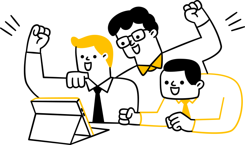 Managed WordPress hosting Illustration of three cartoon men in business attire cheering and looking at a tablet, thrilled about their WordPress Hosting success. They all have happy expressions; one wears glasses while two raise their fists in celebration, and another leans on the desk.