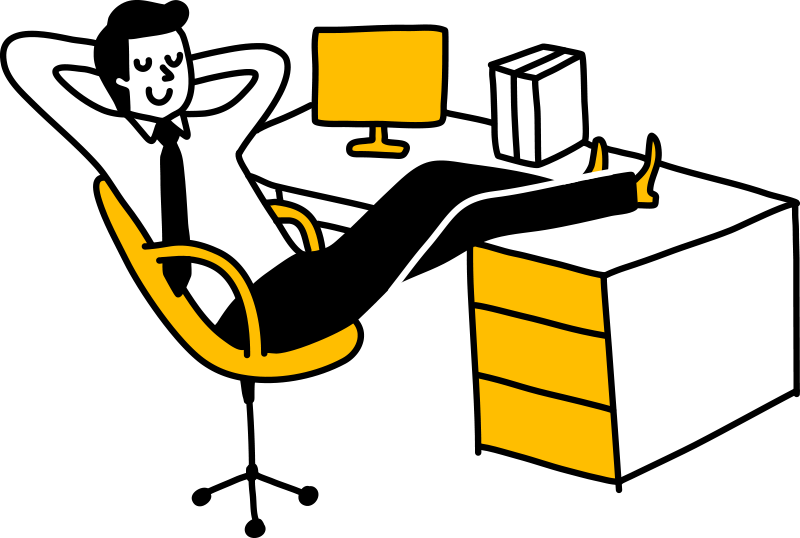 wordpress maintenance Illustration of a person in a tie, leaning back in a chair with feet up on a desk. The desk hosts a computer monitor displaying WordPress Hosting and a stack of books. The color scheme is yellow, black, and white. The person appears relaxed and content.