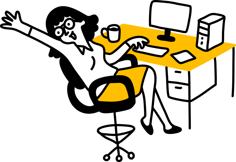 A cartoon person wearing glasses sits at a yellow desk with a computer, mug, and documents. They lean back in their chair, looking surprised, with one arm raised and the other pointing at a horizontal display about WordPress Hosting.
