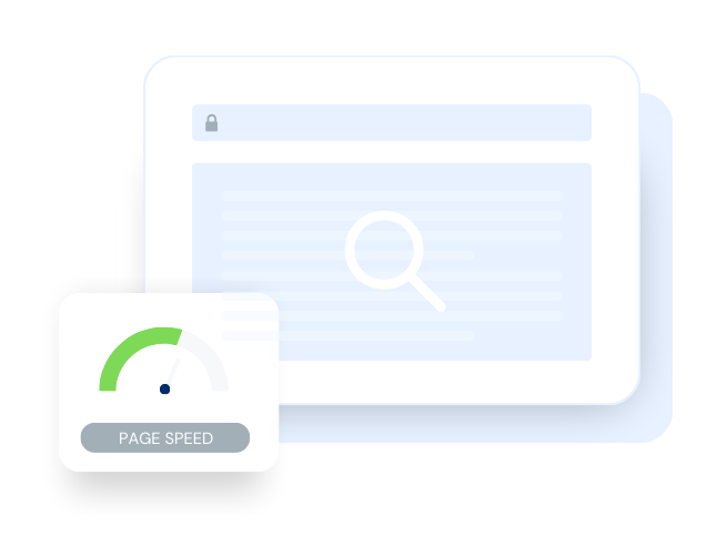 Illustration of a web page with a magnifying glass icon, suggesting a search or analysis function. In the corner, there's a speedometer labeled "Page Speed" with the needle in the green zone, indicating fast loading speed—ideal for Toronto WordPress hosting enthusiasts seeking efficient solutions.