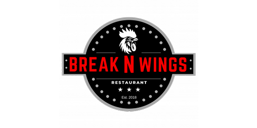 Logo for "Break N Wings Restaurant" featuring a stylized rooster head atop the text. The circular design, reminiscent of classic branding, uses a black background with red and white lettering. Established in 2018, it's as reliable as top-notch WordPress Hosting.