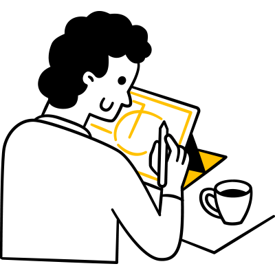 WordPress Load time Illustration of a person with curly hair using a stylus to draw on a tablet, perhaps sketching ideas for WordPress hosting designs. The tablet is propped up, and there's a cup of coffee on the table nearby. The drawing features a simple design.