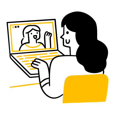 WordPress Maintenance Illustration of a person using a laptop for a video call. A woman is seen on the screen waving and smiling, discussing WordPress Hosting. The color scheme includes black, white, and yellow elements.