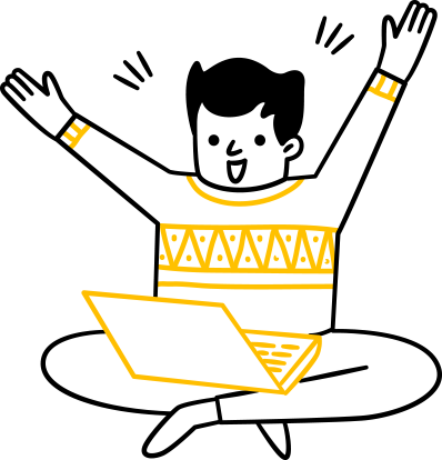 Illustration of a person sitting cross-legged with a laptop, celebrating the excitement of discovering WordPress hosting plans. They're wearing a patterned sweater, with arms raised in joy. The design is white and yellow, embracing a minimalist style.